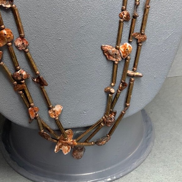 Vintage Triple Strand Necklace 38 In Copper Brown Shell Metal Beads MOP Retro - Picture 4 of 9